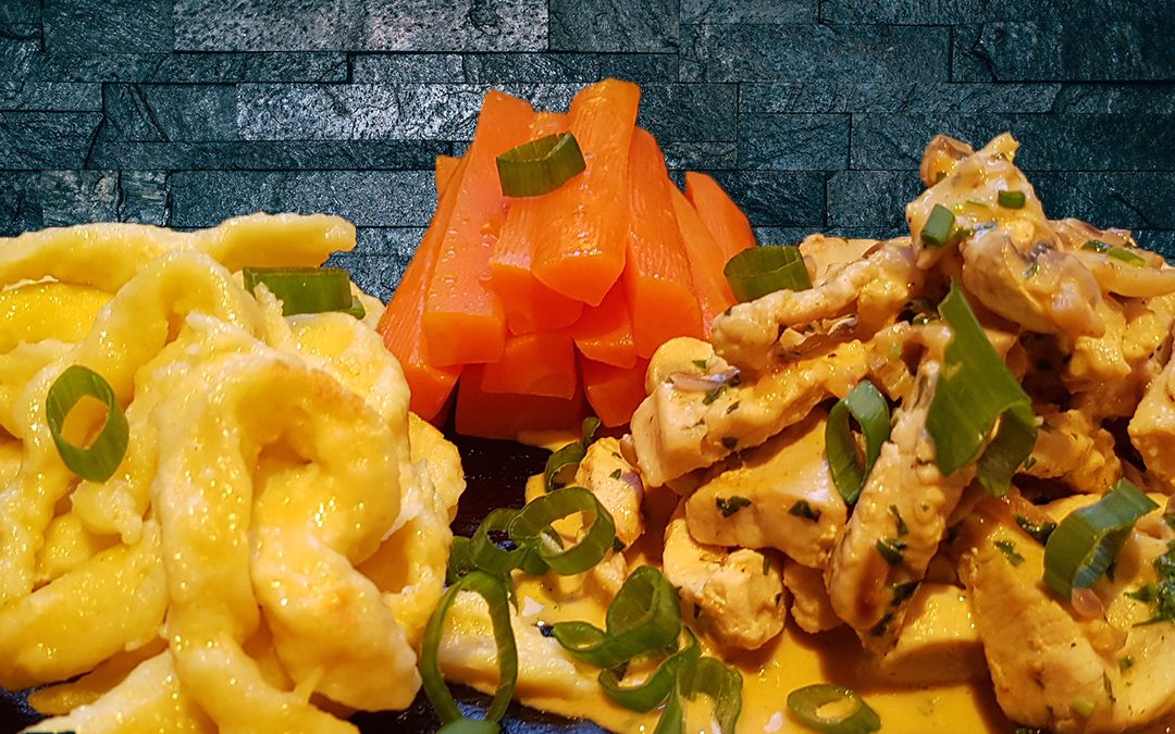 Puten-Champignon-Geschnetzeltes mit Karotten und Spätzle